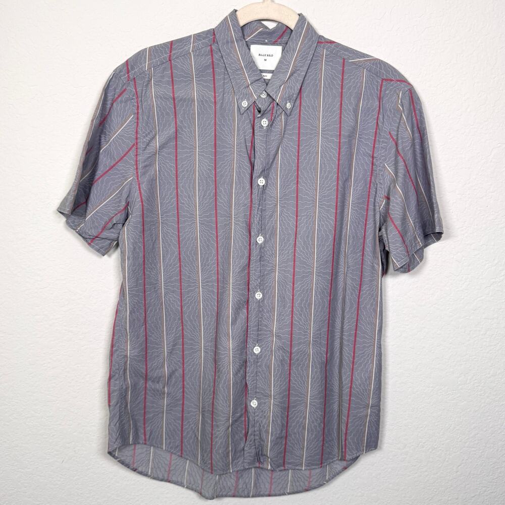 Billy Reid Mens Slim Button Shirt Short Sleeve Size M Stripe 100% Cotton Gray